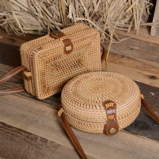 eybag Round Women Shoulder Bag Square Straw Beach Bags Wicker Bali Box Female Crossbody Bag Rattan Woven Summer Handbag Messenger Tote