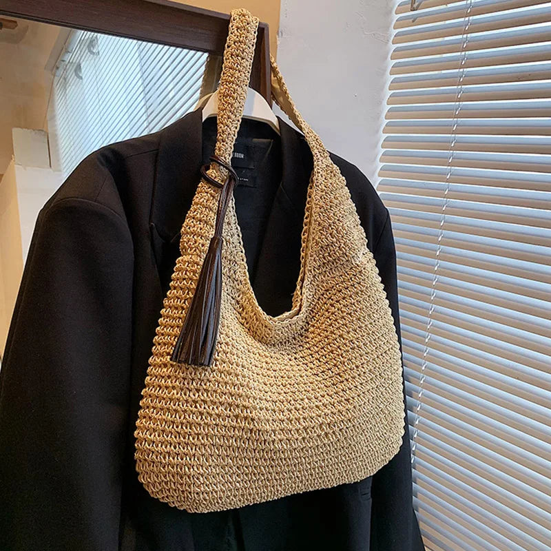 Lkblock Large Capacity 2024 Summer Straw Woven Tote Bag with Fringe Embellished Woven Women's Shoulder Bucket Bag