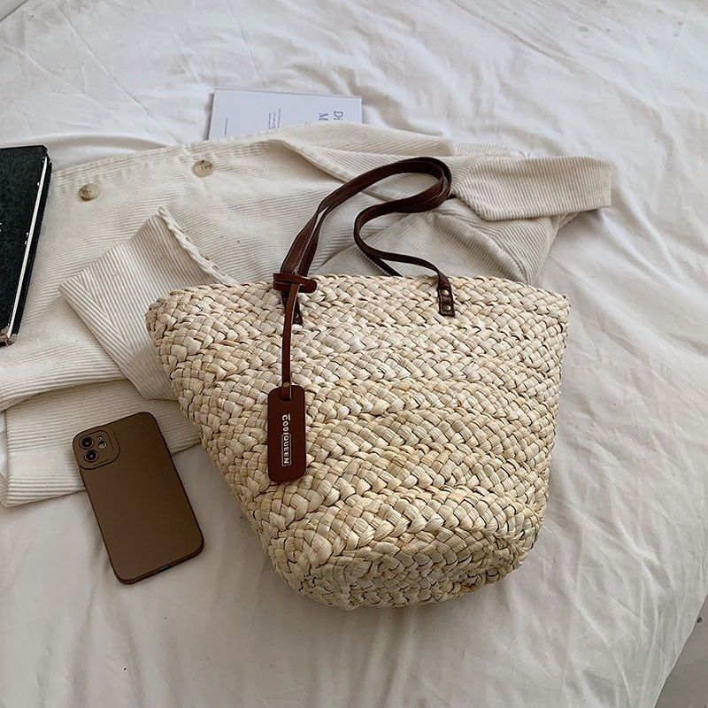 eybag 2023 Summer Straw Beach Basket Bag Fashion Women Rattan Shoulder Bag Large Capacity Woven Hand-made Handbag Female Purse Totes