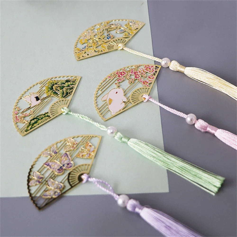 eybag Exquisite Hollow Fan Shape Bookmarks With Tassel Beautiful Chinese Style Metal Book Mark Student Stationery Reading Supplies