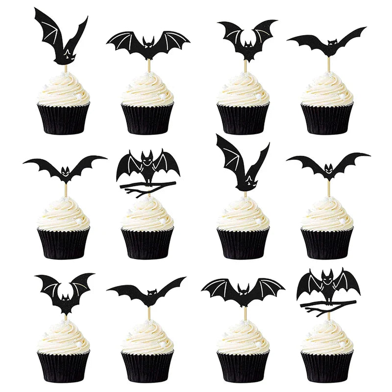 -12/24Pcs Halloween Bat Cupcake Toppers Mixed Black Bat Cupcake Pick Flags Kids Halloween Birthday Party Cake Decoration Supplies