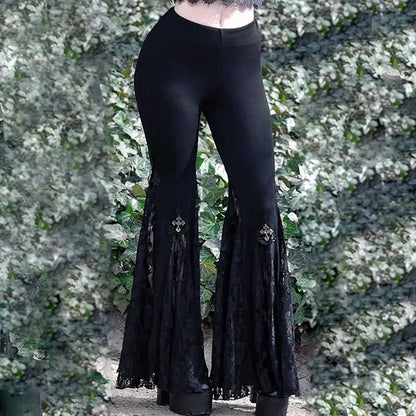 eybag Goth Mall Flare Pants Sexy Black Lace Patchwork High Waist Vintage Harajuku Hippie Punk Grunge Streetwear  Y2k Pants