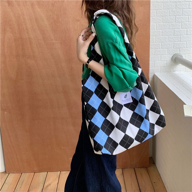 eybag Women Canvas Shoulder Bag Lattice Print Ladies Casual Handbag Tote Bag Large Capacity Cotton Reusable Shopping Beach Bag  2022