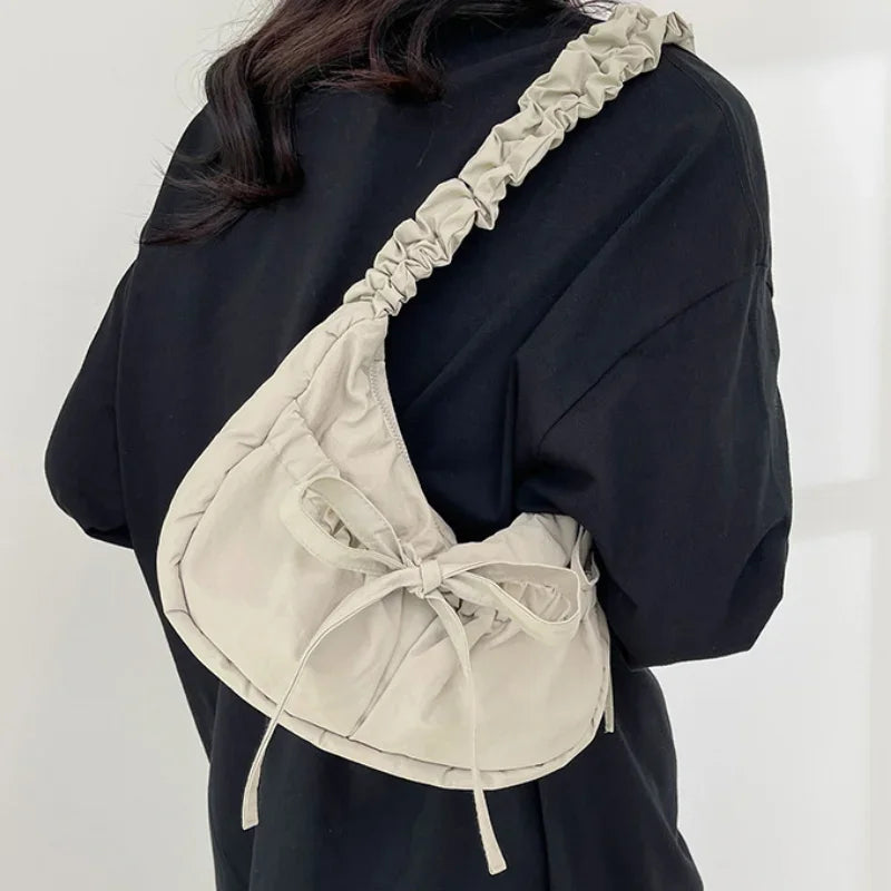 eybag Popular Preppy Style Nylon Bow Hobo Bag Women Cute Pretty Pleated Shoulder Crossbody Bag Drawstring Exquisite Shoulder Bag