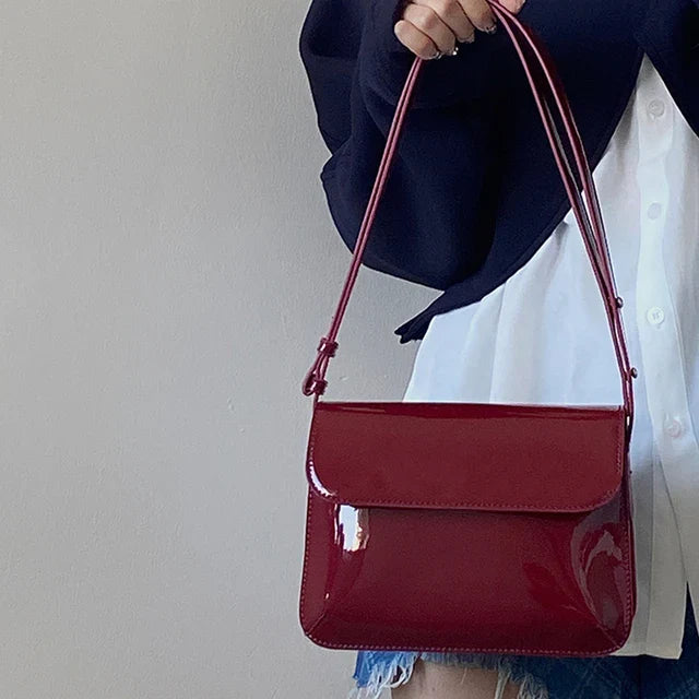 eybag Retro Patent Leather Shoulder Bag For Women Luxury Flap Crossbody Bag Solid Color Underarm Bag Red Crossbody Bag Lady Handbag