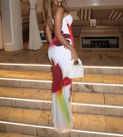 eybag 2024 Summer One Shoulder Sleeveless White Beach Dresses for Women Fashion Floral Print High Slit Evenning Party Holiday Dress