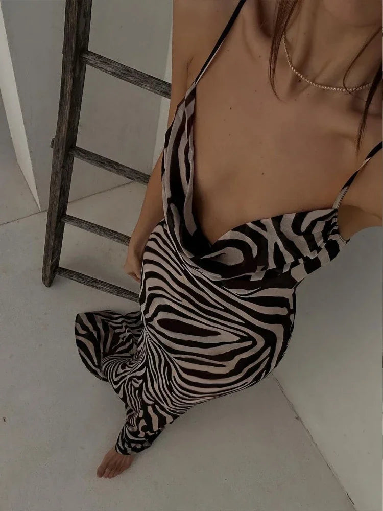 eybag Chiffon Zebra Print Beach Dress Women Sexy See Through Sim Long Party Dresses Summer Spaghetti Strap Backless Holiday Dress 2024