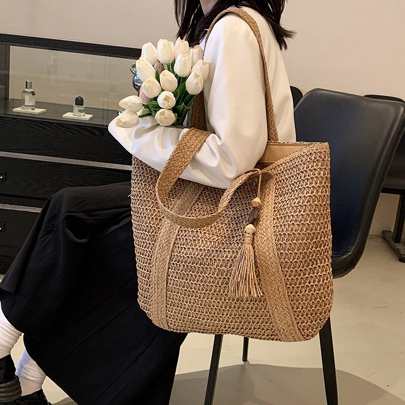 eybag 2023 Straw Braided Bag Hand-woven Simple Handbag Holiday Beach Shoulder Bag Casual Trend Women Large Capacity Tote Shopping Bags