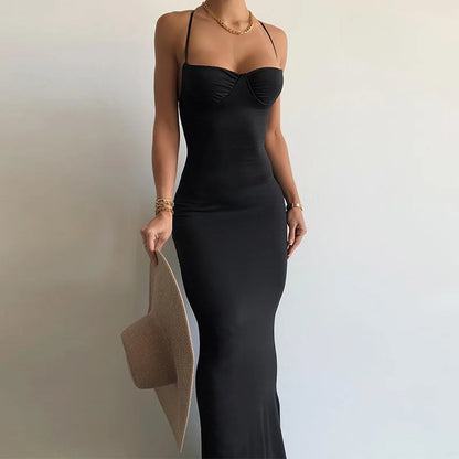 eybag Solid Black Backless Long Dress For Women Bodycon Sexy Slim Maxi Dress Party Club Outfits Summer