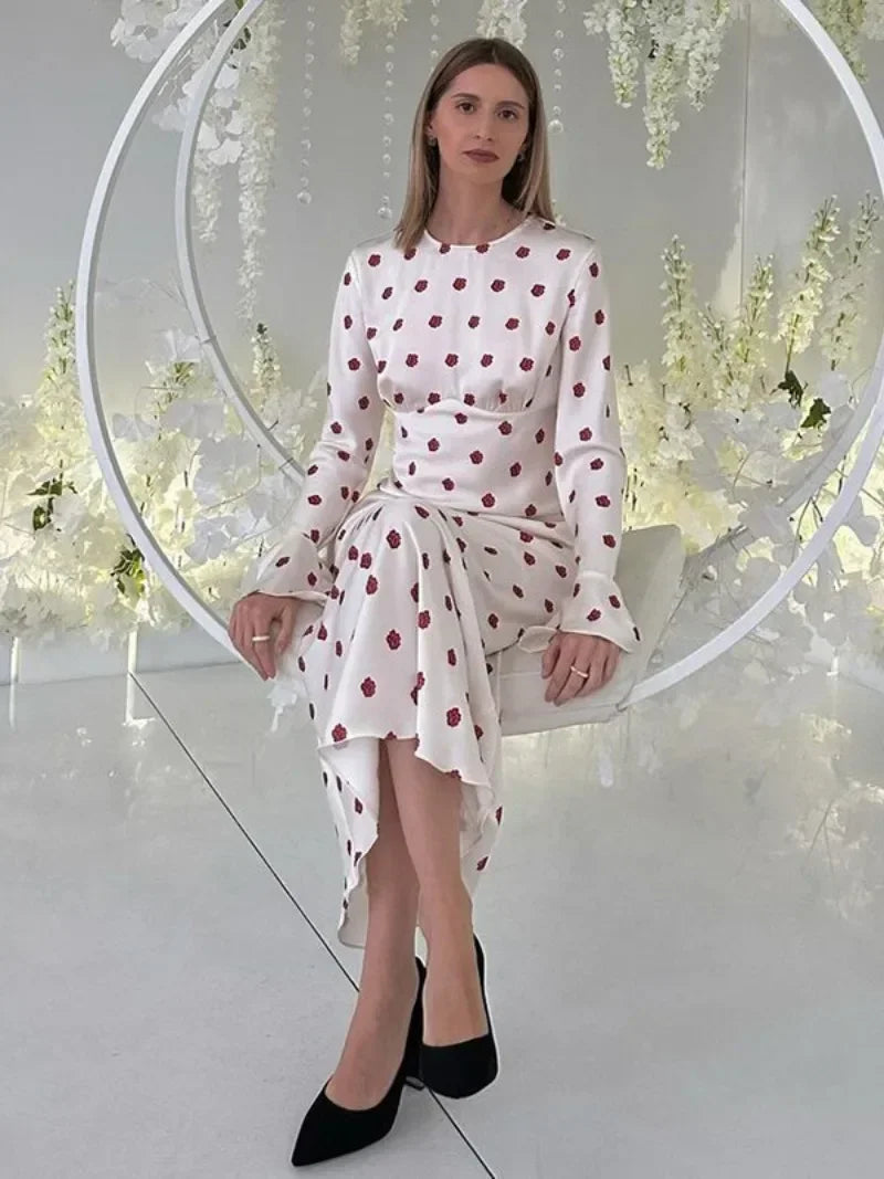 eybag Woman Clothes O-neck Flare Sleeve Floral Print White Dress Streetwear Ladies Elegant Autumn High Waist Zip-up Long Party Dresses