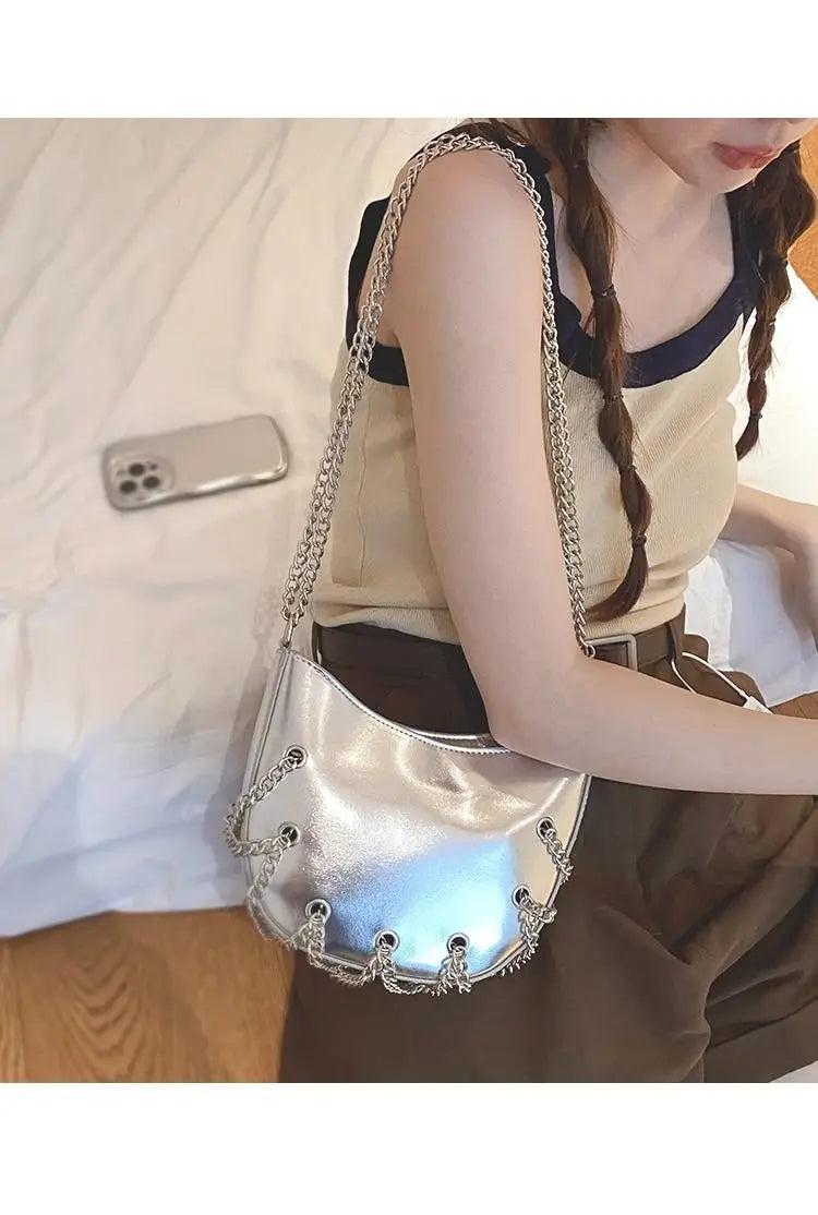 eybag Silver Crossbody Bags Women Summer High Street Chain Casual Messenger Bag Lady Harajuku Solid Saddle Hobos Bags Y2k