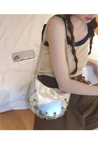 eybag Silver Crossbody Bags Women Summer High Street Chain Casual Messenger Bag Lady Harajuku Solid Saddle Hobos Bags Y2k