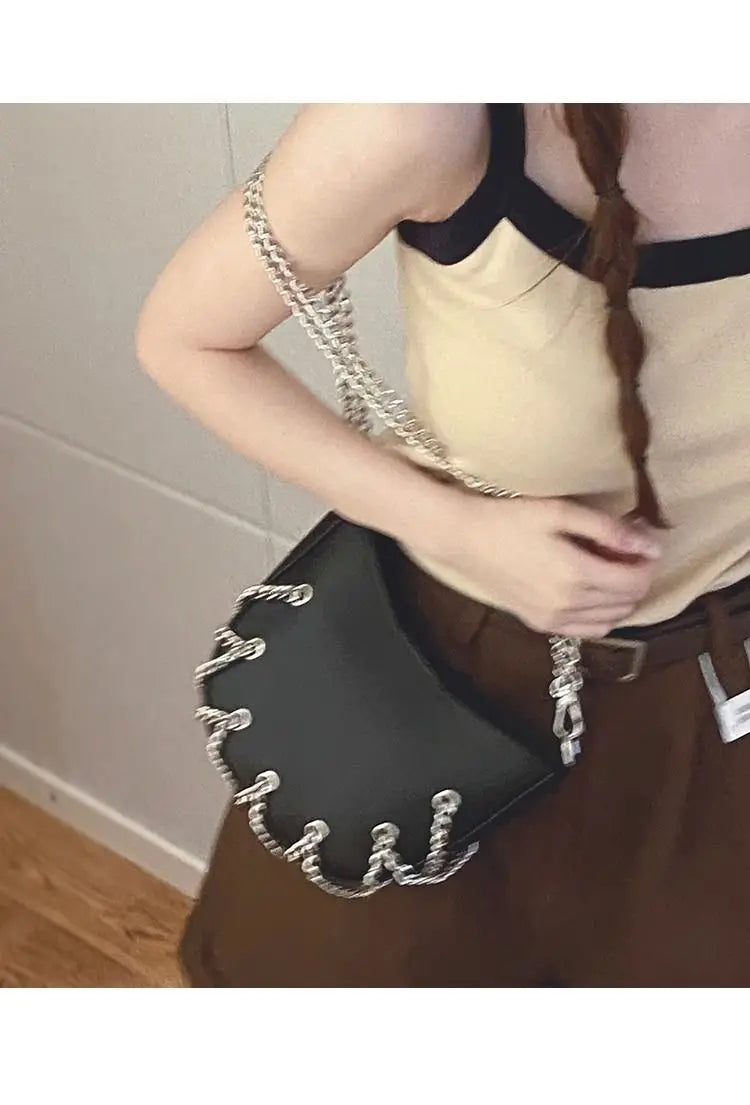 eybag Silver Crossbody Bags Women Summer High Street Chain Casual Messenger Bag Lady Harajuku Solid Saddle Hobos Bags Y2k