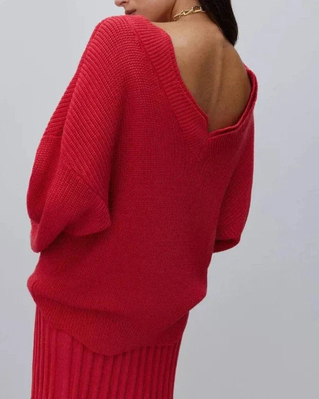 eybag Elegant Red Backless Sweater for Women Sexy Cut Out Long Sleeve Knitted Pullovers Fall Winter Casual Loose-fit Knitwear 2024