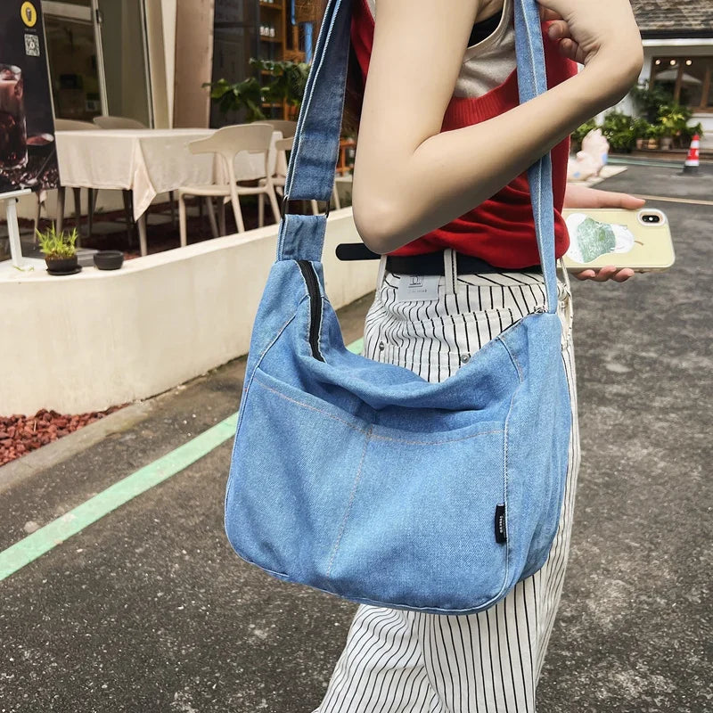 eybag Large Capacity Denim Crossbody Bags For Women College Student School Bags Solid Casual Shoulder Bag Travel Shopper Messenger Bag