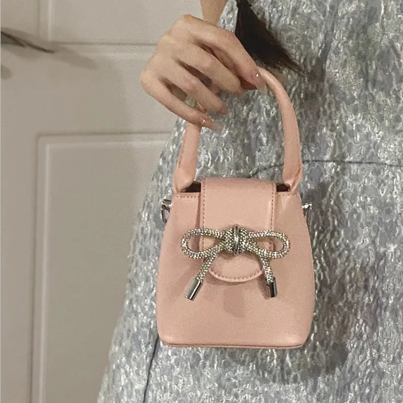 eybag Sweet Bow Womens Handbag Cute Pink Korean Fashion Small Leather Crossbody Bag Chains Ladies Elegant Fashion Evening Bag