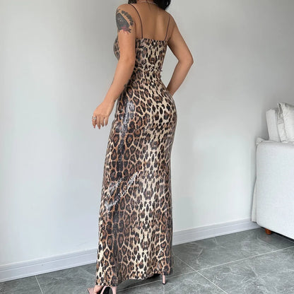 eybag Sequined Leopard Print Strap Straight Elegant Evening Long Dress Summer Casual Party Ladies Clothes Y2K Streetwear