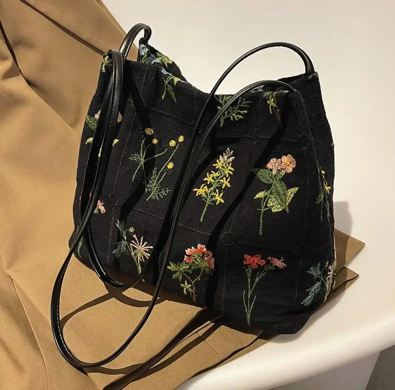 Lkblock National Retro Flowers Tote Bag Bags For Women Trend 2024 Embroideried FloralWomen's Designer Handbag Bucket Shoulder Cross Bags