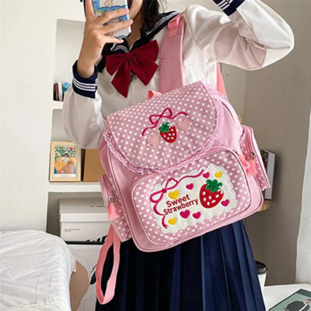 eybag Kawaii Kids School Bag Cute Strawberry Embroidery Dots Student Mochila Multi-Pocket Nylon Fashion Backpack for Teenager Girl