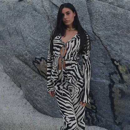 eybag Animal Print Mesh Sheer Stripe Tie Front Detail Top Matching Sets Fashion Outfits 2 Piece Sets Holiday Beachwear Y2k Pants