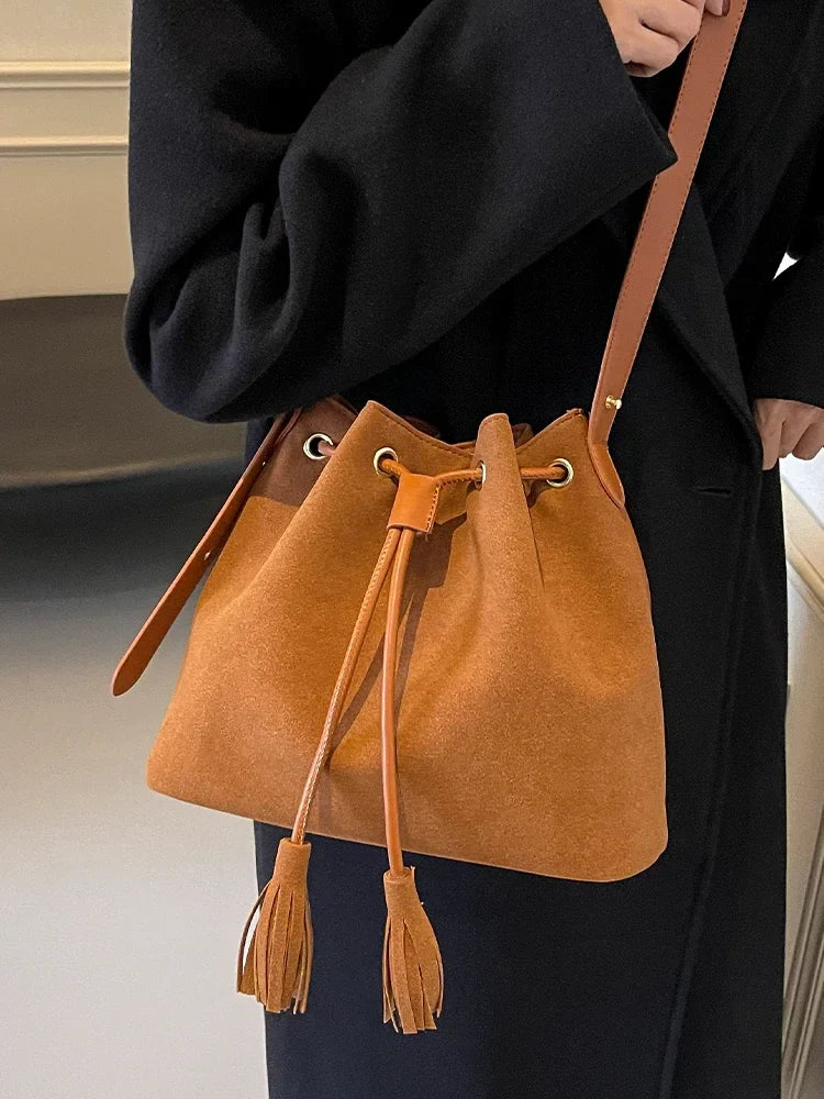 eybag Large Suede Leather Bucket Shoulder Crossbody Bags for Women Handbags Clutch Purses 2024 New Trendy Design Lady 's Messenger Bag