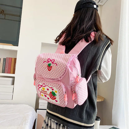 eybag Kawaii Kids School Bag Cute Strawberry Embroidery Dots Student Mochila Multi-Pocket Nylon Fashion Backpack for Teenager Girl