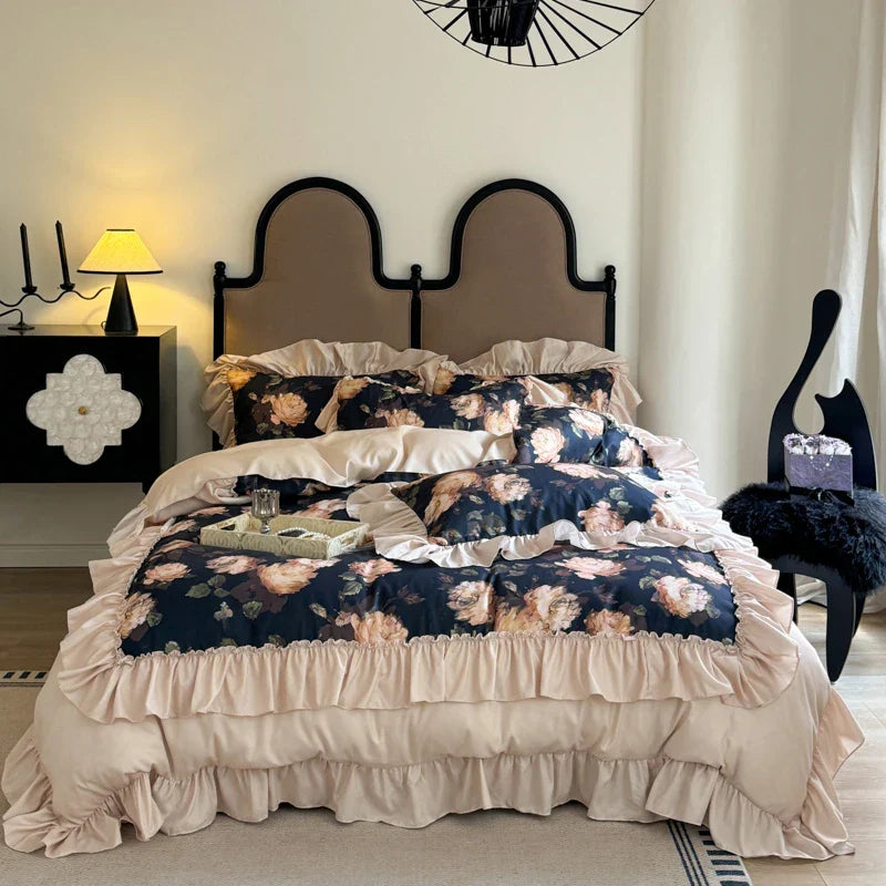 -3Pcs Vintage Rose Flowers Print Ruffles Duvet Cover Set, With Pillowcases, Quilt Cover Set, Bedding Set