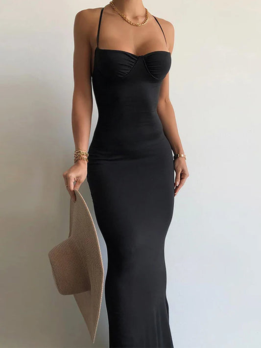 eybag Solid Black Backless Long Dress For Women Bodycon Sexy Slim Maxi Dress Party Club Outfits Summer