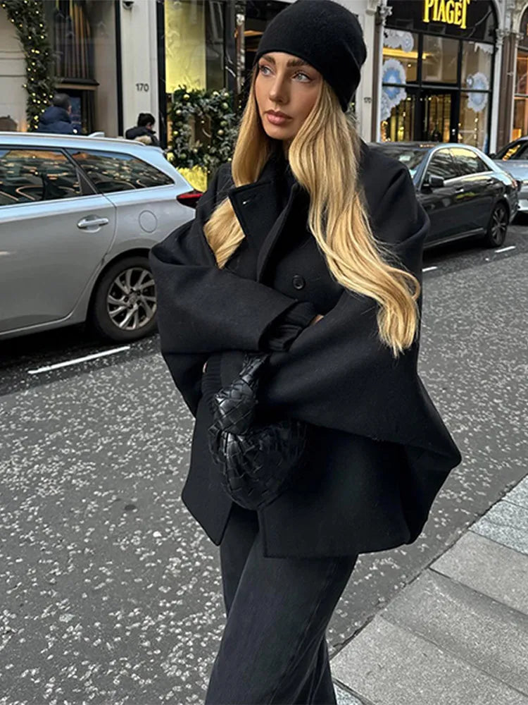 eybag Retro Double-Breasted Lapel Short Coat Women Casual Loose Black Woolen Coats With Pockets Lady Winter Chic Street Overcoats