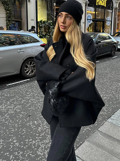 eybag Retro Double-Breasted Lapel Short Coat Women Casual Loose Black Woolen Coats With Pockets Lady Winter Chic Street Overcoats