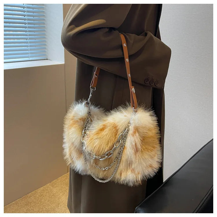 eybag Vintage Y2K Handbag Women Autumn New Hot Girls Chain Plush Soft Shoulder Bag Ladies Harajuku Grey Underarm Bag Aesthetic