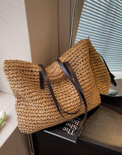 Lkblock Luxury Design Straw Woven Tote Bags Summer Casual Large Capacity Handbags New Fashion Beach Women Shoulder Simple Style Shopping