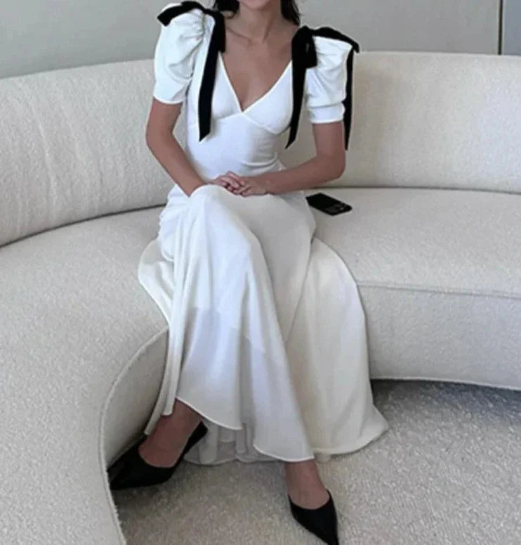 eybag Fashion Shoulder Bow White Dress for Women Sexy V Neck Puff Sleeve Maxi Dresses 2024 Summer Elegant Office Lady Party Vestidos