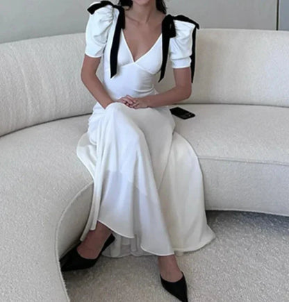 eybag Fashion Shoulder Bow White Dress for Women Sexy V Neck Puff Sleeve Maxi Dresses 2024 Summer Elegant Office Lady Party Vestidos