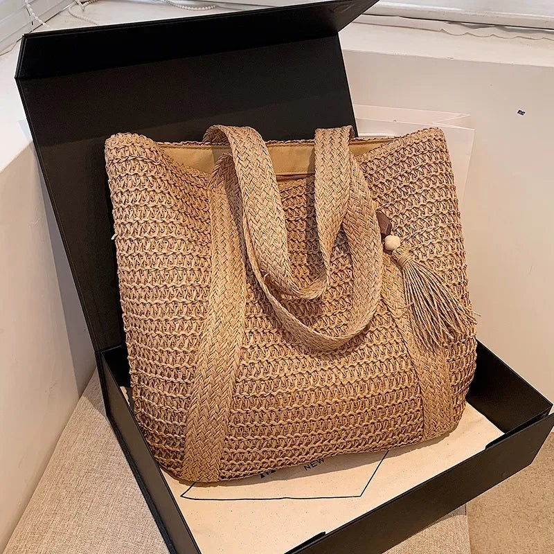 eybag Elegant Ladies Straw Woven Handbag Women Holiday Beach Commute Casual Tote Top-Handle Bags Fashion Retro Shoulder Bags 2024