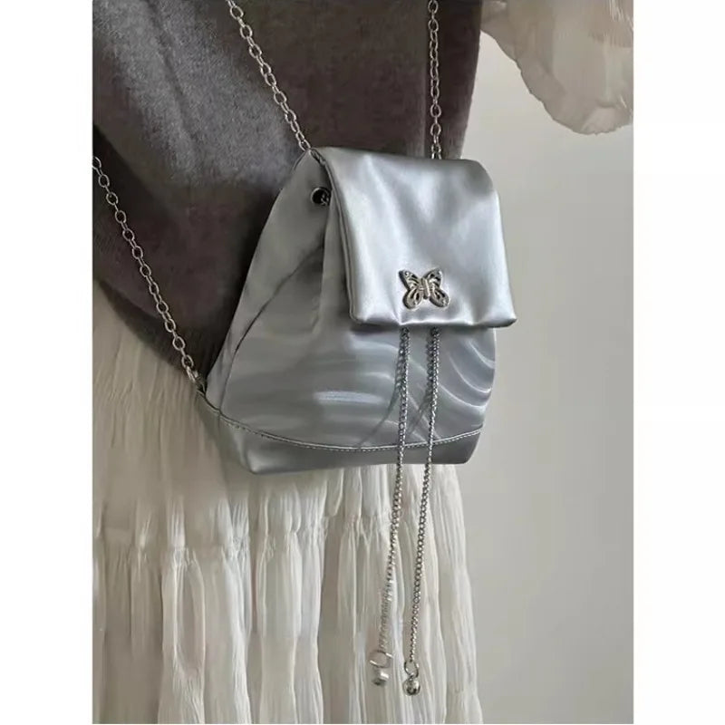 eybag Y2k Silver Womens Backpack Sweet Cool Butterfly Chains Student Fashion Backpack Casual Aesthetic Leather Daily Female Bag