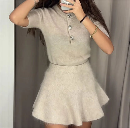 eybag Elegant Knitted Mini Skirt Suit Fashion Solid Two Piece Set For Women O Neck Short Sleeve Top High Waist Skirts Lady Autumn Sets