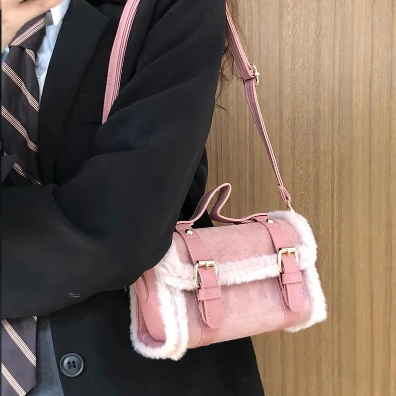 eybag Pink/Brown PU Leather Handbags Fashion Women Shoulder Bags Plush Tote INS Korean Brand Design Female Crossbody Bags Bolsa