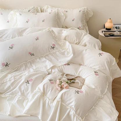 -Rose Flowers Embroidery Ruffle Lace Bedding Set for Girls, Washed Cotton Duvet Cover, Skin Friendly, Bed Sheet, Pillowcases