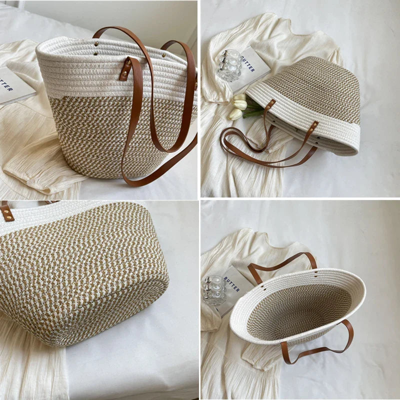 eybag 2024 New Summer Women Woven Beach Bag Large Capacity Cotton thread Handmade Fashion Shoulder Bag Bohemian Casual Woven Basket