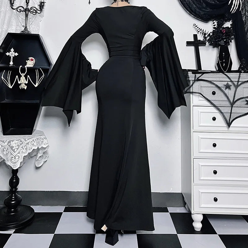 eybag Halloween Gothic Vintage Dress Women Square Neck Patchwork Spider Web Flare Sleeves Cosplay Long Party Dress