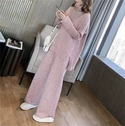 eybag Knitted Loose Turtleneck Sweater Suit Autumn Winter Outfits For Women Solid Long Sleeve Top Wide Leg Pant Sets Fashion Outwear