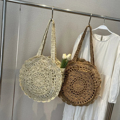 eybag Zipper Models French Straw Woven Circular Women's Shoulder Bag 2024 Hot Sale Large Capacity Handmade Straw Vacation Beach Bag