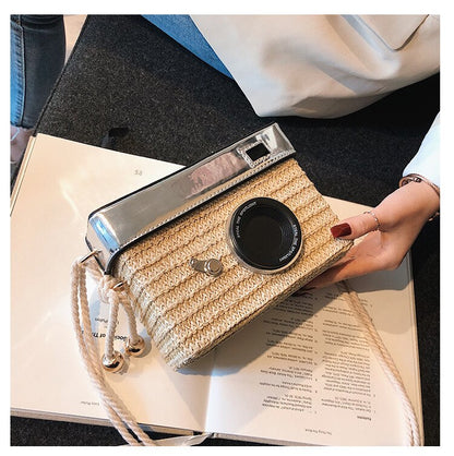 eybag Fun Designer Bag 2022 New Women Fashion Camera Straw Woven Handbag Female One Shoulder Bag Crossbody Bag Flap Purse