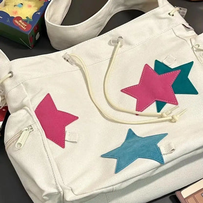 eybag American Vintage Star Patchwork High-capacity Y2k Shoulder Crossbody Bag Preppy Student School Bag Commuter Ins Messenger Bag