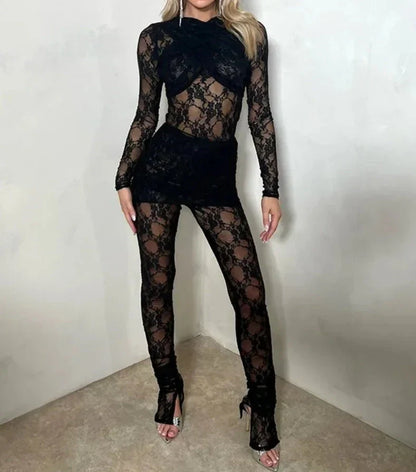 eybag 2024 New Lace Jumpsuits for Women Sexy Long Sleeve See-through Bodysuit with Skirts Two-piece Overalls Set Night Club Streetwear