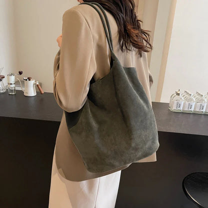 eybag Suede Sewing Thread Retro Women's Shoulder Bags Zipper Casual Versatile 2024 New Solid Colors High Capacity Casual Tote