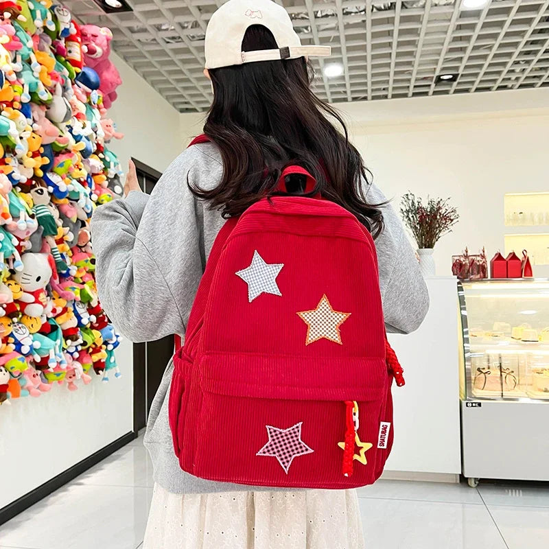 eybag Solid Star Twist Zipper Large Capacity Corduroy School Bag Classics Simple Backpack 2024 Hot Sale Light Bags for Girls and Boys