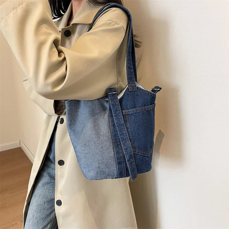 eybag Fashion Denim Bucket Bag Women Shoulder Bag Lady Travel Designer Handbag Female Crossbody Shopper Bag Large Capacity Women's Bag