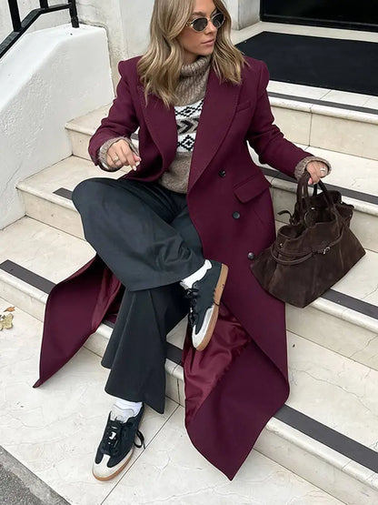 eybag Retro Solid Double-Breasted Long Coats Women Vintage Loose Lapel Slit Maxi Coat With Pockets Winter Elegant High Street Overcoat